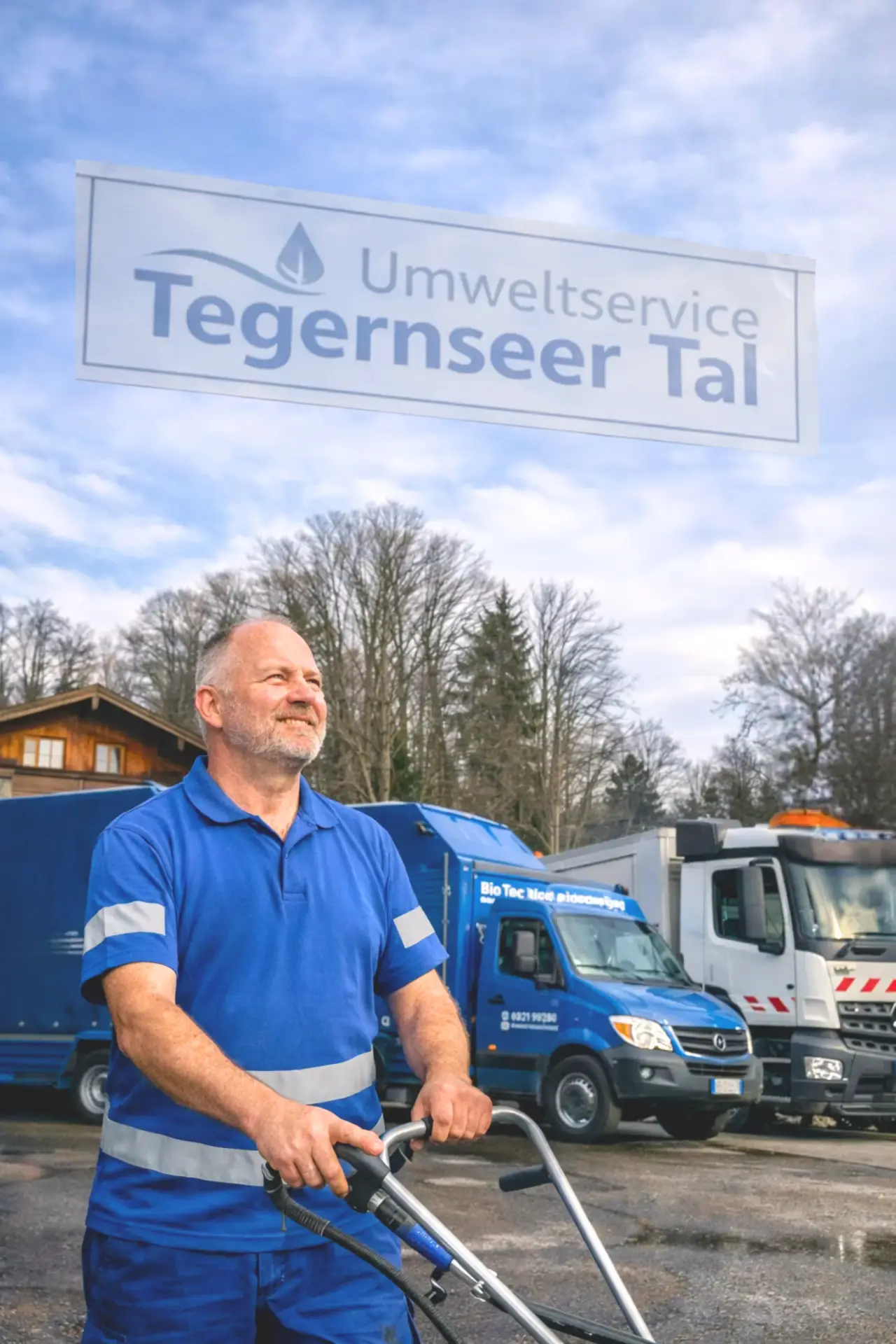 Fuhrpark und Standort des ESTNER Umweltservice mit BioTec Einsatzfahrzeugen und Umweltservice Tegernseer Tal Beschilderung mit kompetenten Mitarbeitern.