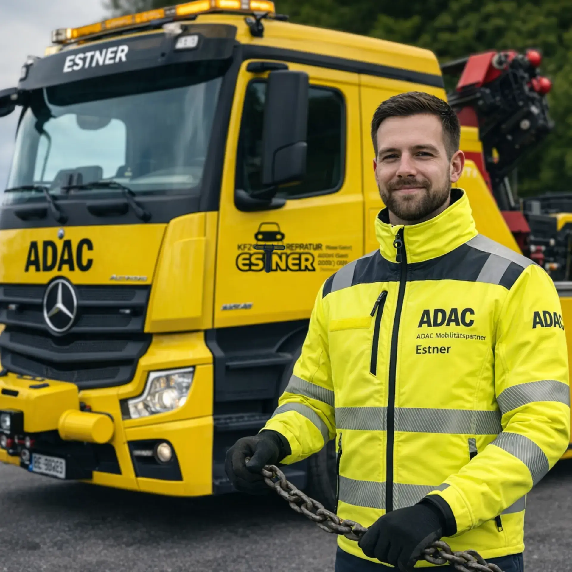Mitarbeiter von Estner beim Abschleppdienst vor Einsatzfahrzeug